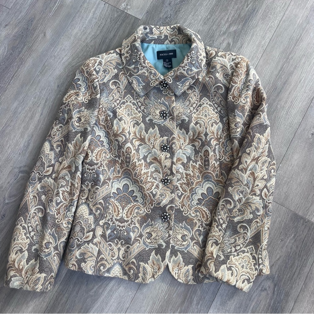 Focus 2000 Tapestry Damask Jacket Jeweled Buttons Size 14 Vintage